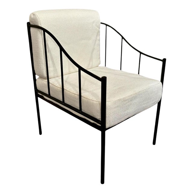 Wrought Iron Black Lounge Chair with White Fabric For Sale