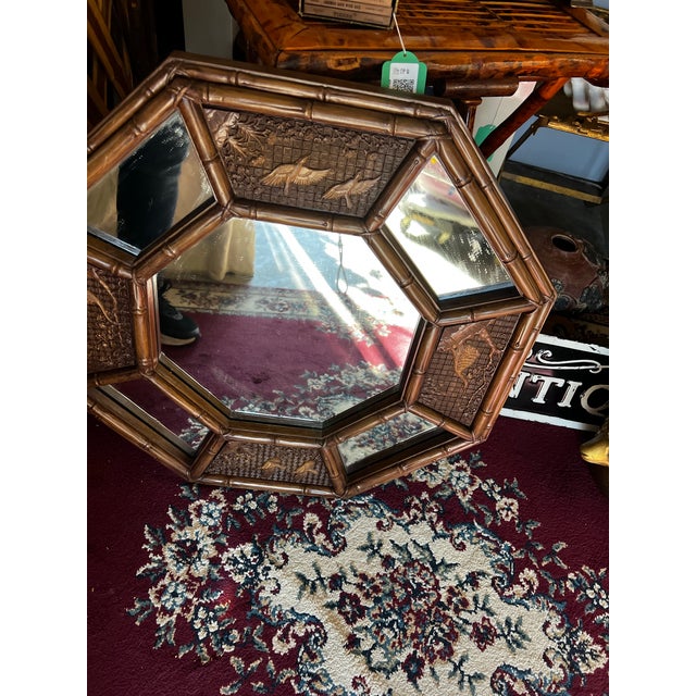 Asian Vintage Faux Bamboo Geometric Asian Style Wall Mirror With Bird Accents For Sale - Image 3 of 8