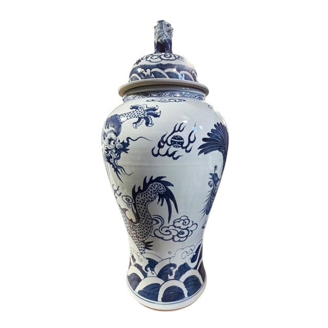 Vintage Large Chinoiserie Blue& White Porcelain Ginger Jar Dragon & Phoenix 36" H For Sale - Image 9 of 11