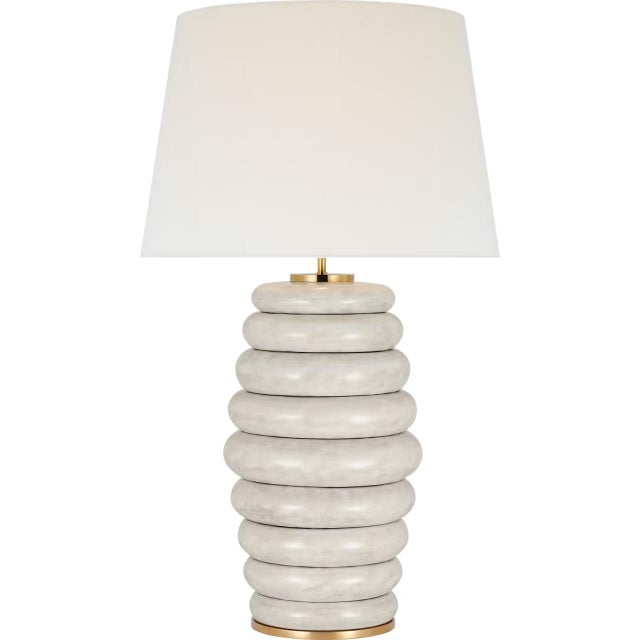 Transitional Kelly Wearstler by Visual Comfort Signature Phoebe Extra Large Stacked Table Lamp in Antiqued White with Linen Shade For Sale - Image 3 of 3