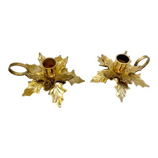 Vintage Brass Christmas Poinsettia Holly Leaf Candle Holders - a Pair For Sale