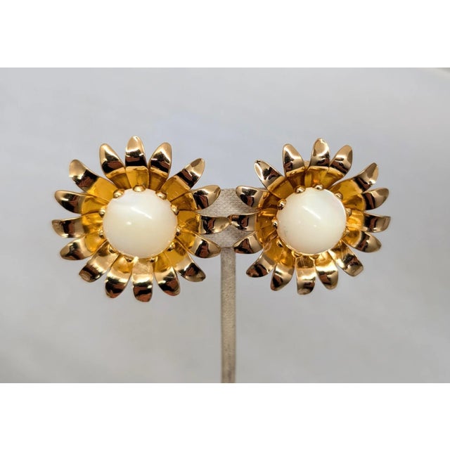 1970s Vintage Signed Napier Goldtone Yellow Cabochon Flower Clip Earrings-2 Pieces For Sale - Image 5 of 7
