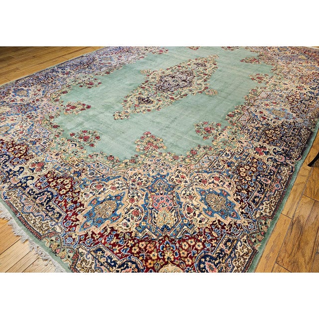Persian Vintage Oversized Persian Kerman Rug, Hand-Knotted Wool, Floral Pattern, Pale Green & Red, 12x16 For Sale - Image 3 of 15
