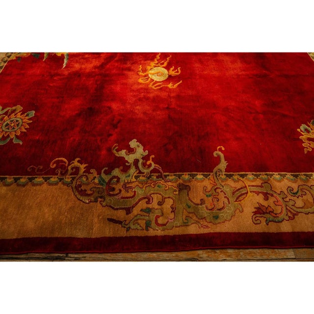 Art Deco 1920s Red Open Field 6Star Room Size Antique Chinese Knotted Wool Art Deco Rug For Sale - Image 3 of 11