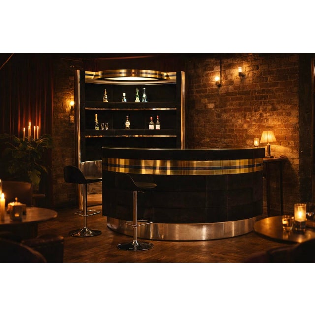 Hollywood Regency Bar in Black Suede, Brass and Chrome, 1970s For Sale - Image 6 of 18
