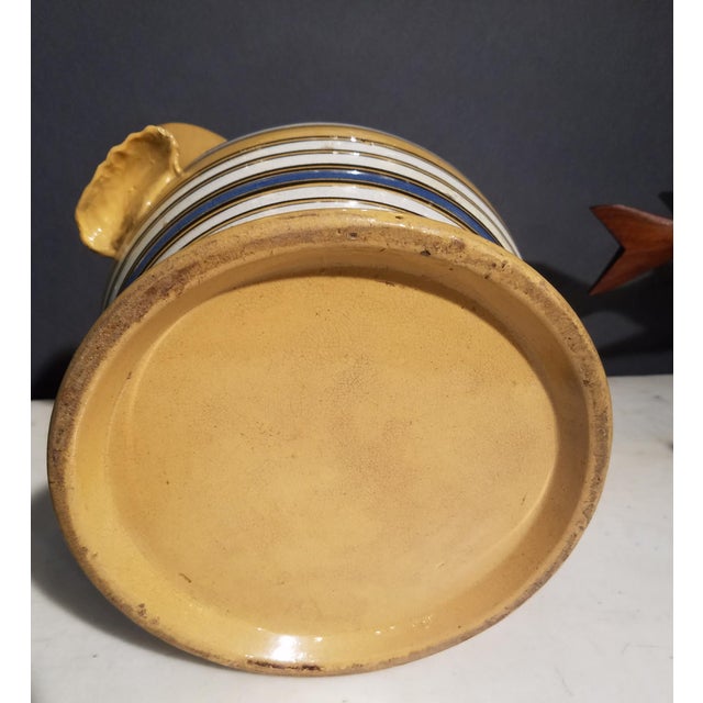 English Large Mocha Yellow Ware Jug With Blue, White and Brown Slip Bands and Shell Grip For Sale - Image 3 of 10