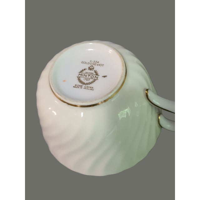 Ceramic Vintage Minton Cheviot Gold Fine Porcelain Set Including 3 Cups & Saucers 3 Dessert Plates- 9 Pieces For Sale - Image 7 of 8