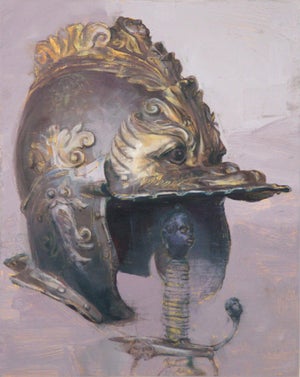 Looking Forward to the Battle by Elena Burykina | Oil on panel Helmet with ornate design
