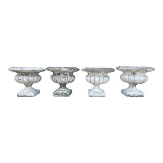 Set of Four Vintage Gadrooned Cast Stone Garden Urns With Plinth Bases For Sale