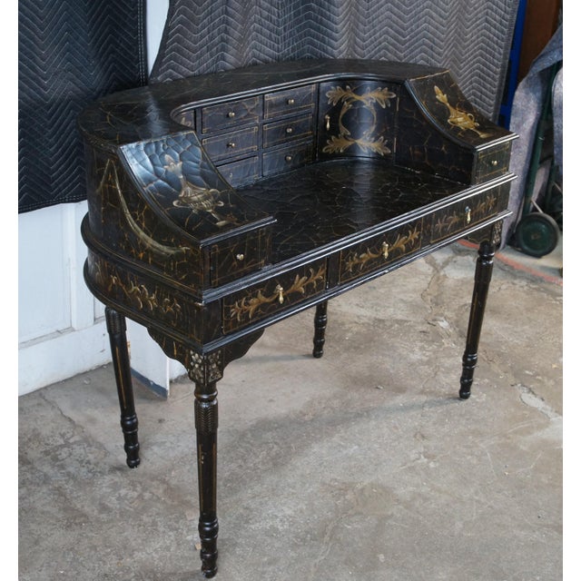 Vintage Black Lacquer Chinoiserie Carlton House Neoclassical Writing Desk For Sale - Image 4 of 17