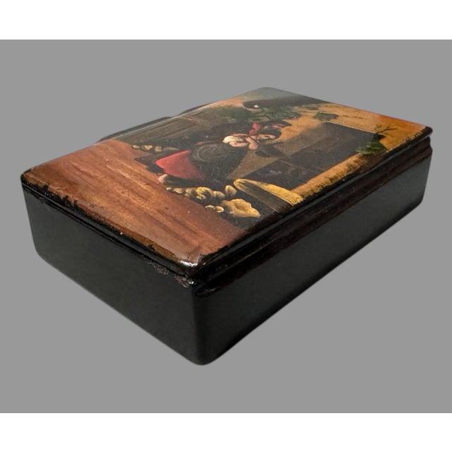 Vintage Hand Painted Russian Lacquer Miniature Keepsake Box Couple Outside Home With an old price tag on its underside...