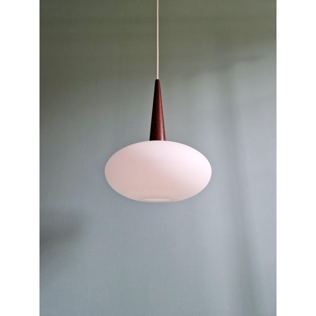 Scandinavian Pendant Light in Teak and White Opaline Glass by Louis Kalff for Philips, 1960s For Sale - Image 6 of 15