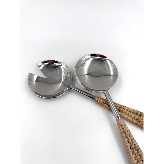 Wood Handmade Stainless Steel & Rattan Woven Handle Salad Server Set, Handcrafted in India - 2 pcs For Sale - Image 7 of 8