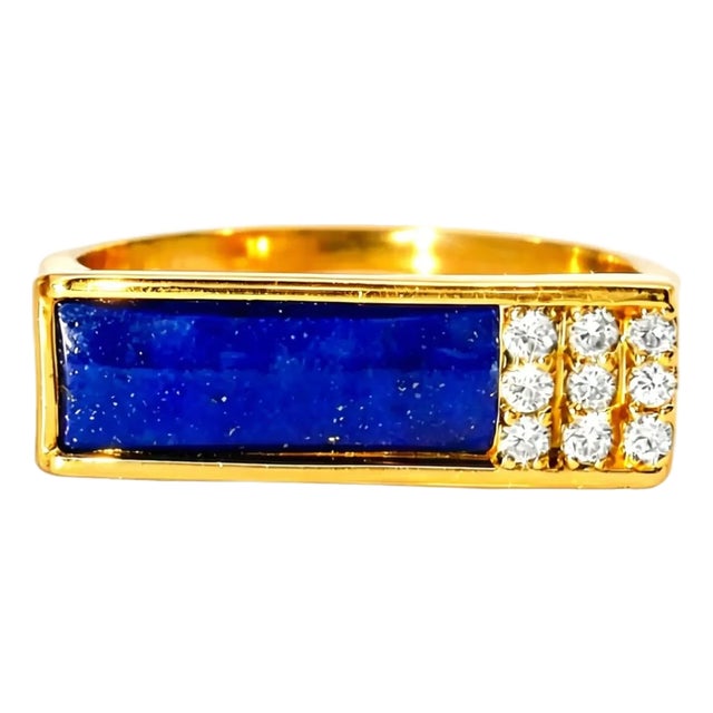 Late 20th Century 14K Yellow Gold Lapis Lazuli Diamond Mens Unisex Ring, Size 11 For Sale