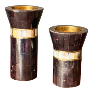 1980s Pair of Tessellated Horn and Brass Candle Holders For Sale