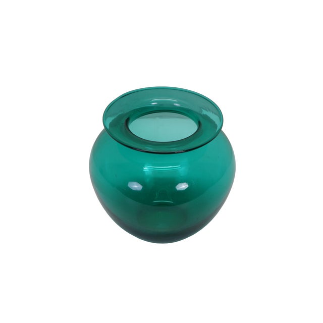 Modern Vintage Hand Blown Teal Green Glass Vase Urn Leech Bowl 6" For Sale - Image 3 of 12
