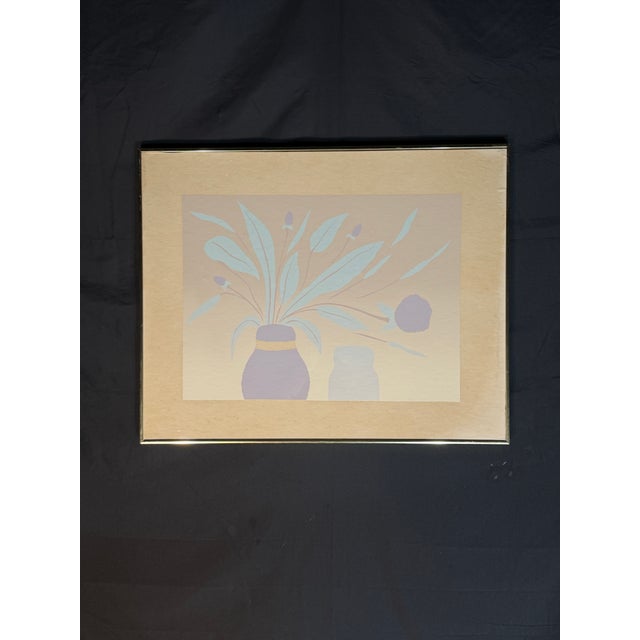 Vintage-style framed artwork featuring a minimalist floral still life composition with soft botanical forms, vase shapes,...