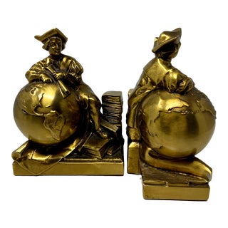 Vintage Brass Bookend Depicting Explorer With Globe / Books – a Pair For Sale