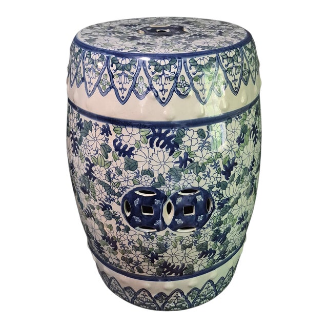 Vintage Asian Ceramic Blue-White-Green Floral Garden Stool For Sale - Image 9 of 9