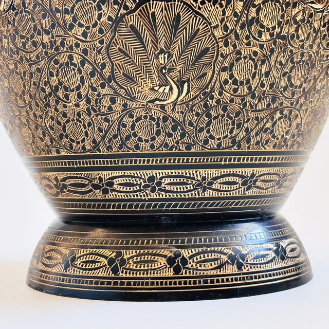 Metal Large 13" Etched Brass Vase With Peacock Design For Sale - Image 7 of 11