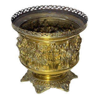 Antique 1800s French Brass Cachepot Planter With Repousse' Work 10" Diameter For Sale