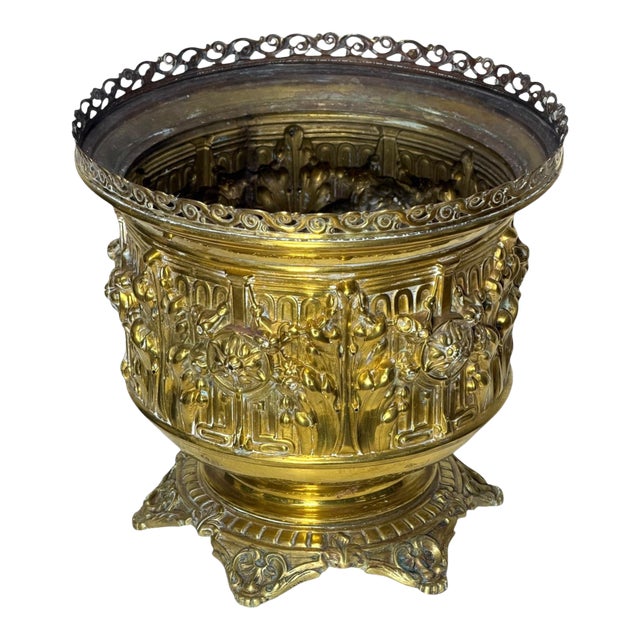 Antique 1800s French Brass Cachepot Planter With Repousse' Work 10" Diameter For Sale