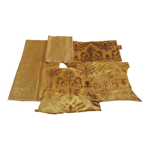 Antique Collection of Gold Silk and Velvet Damask Pattern Textiles - Set of 5 For Sale