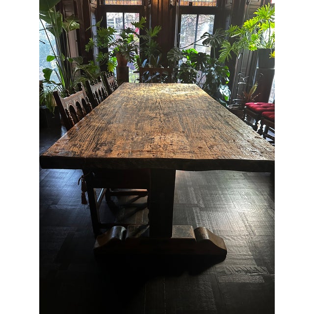 Monumental Antique Reclaimed Wood Trestle Dining Table – Hand-Hewn For Sale In New York - Image 6 of 9