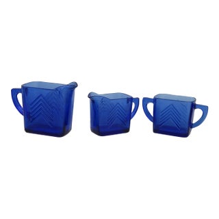 Mid 20th Century Hazel Atlas Cobalt Blue Glass Chevron 3pc Set 2 Creamers and Sugar Bowl For Sale