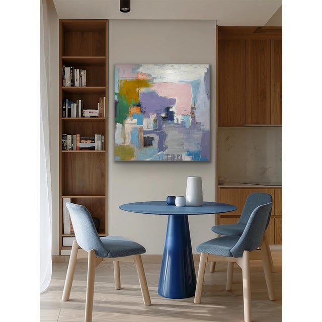 This original 48" x 48" acrylic painting presents a expressive abstract composition built with soft pastel layers and...