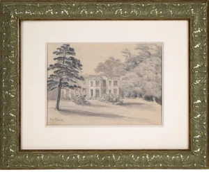 19th Century English Graphite Landscape Drawing W/ Estate "The Elms"