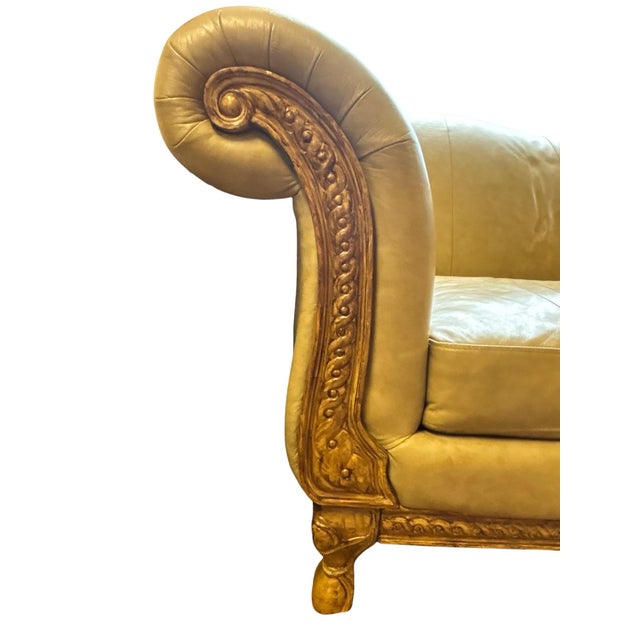 Hand-Carved Cognac Leather Loveseat With Exposed Wood Frame Traditional European Style 71”w For Sale - Image 4 of 12