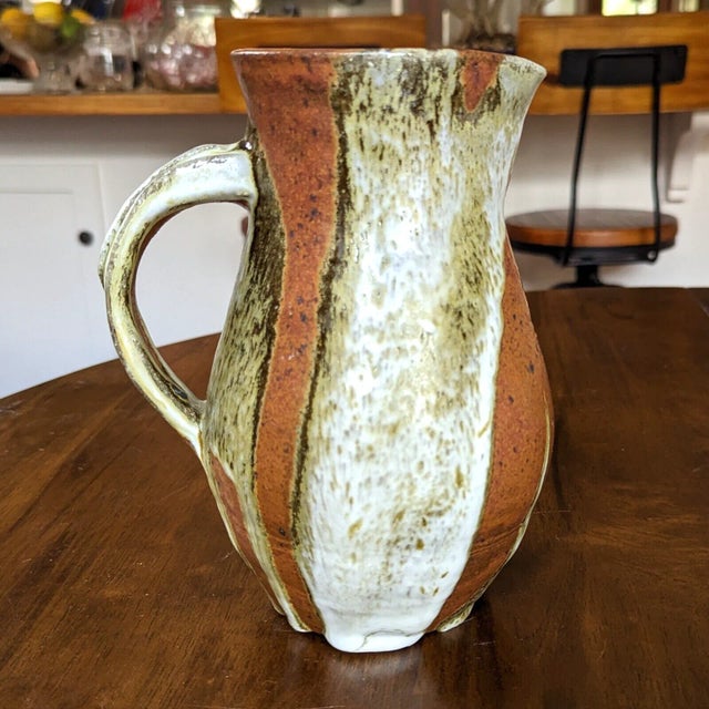 Mid-Century Modern Mid Century Studio Pottery Pitcher With Rust Olive and White Glaze For Sale - Image 3 of 13