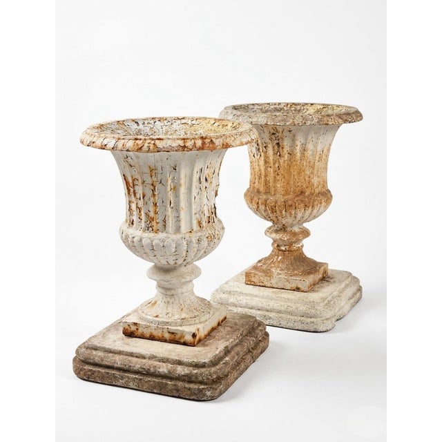 1980s Pair of Vintage Cast Iron Campana Urns on Weathered Cast Stone Bases For Sale - Image 5 of 12