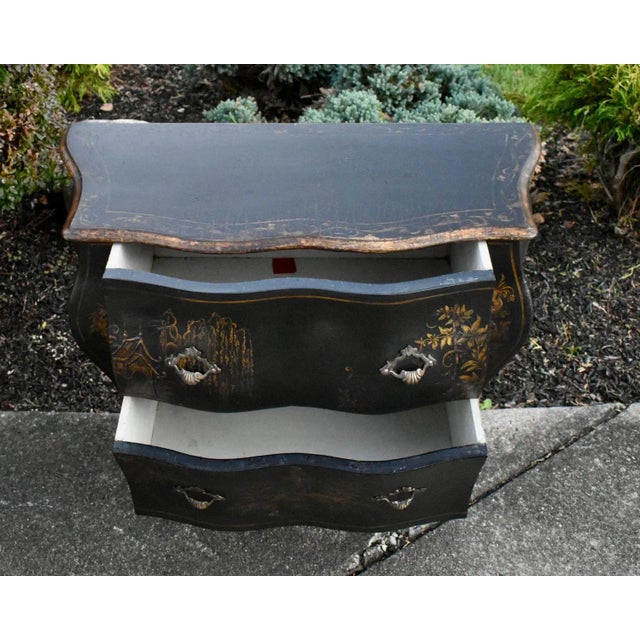 Antique Petite Bombe 2 Drawer Italian Chinoiserie Black Gold Commode For Sale - Image 10 of 13