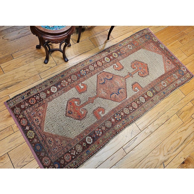 Antique Persian Malayer Runner Rug, Hand-Knotted Wool, Geometric Pattern, 3x7, Camelhair & Burgundy For Sale - Image 13 of 14