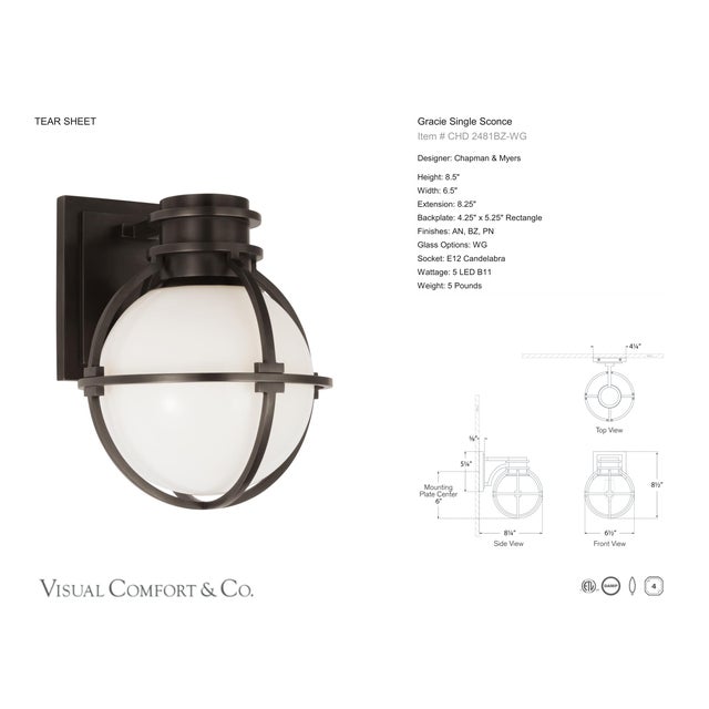 Metal Chapman & Myers for Visual Comfort Signature Gracie Single Sconce in Bronze with White Glass For Sale - Image 7 of 9