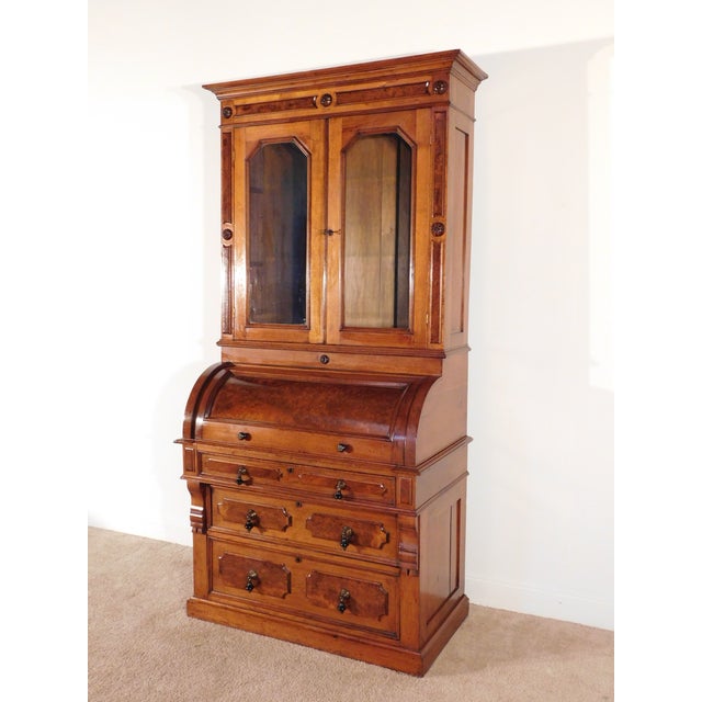 Antique 1880s Victorian Eastlake Burled Walnut Cylinder Secretary Bookcase Desk For Sale - Image 12 of 16