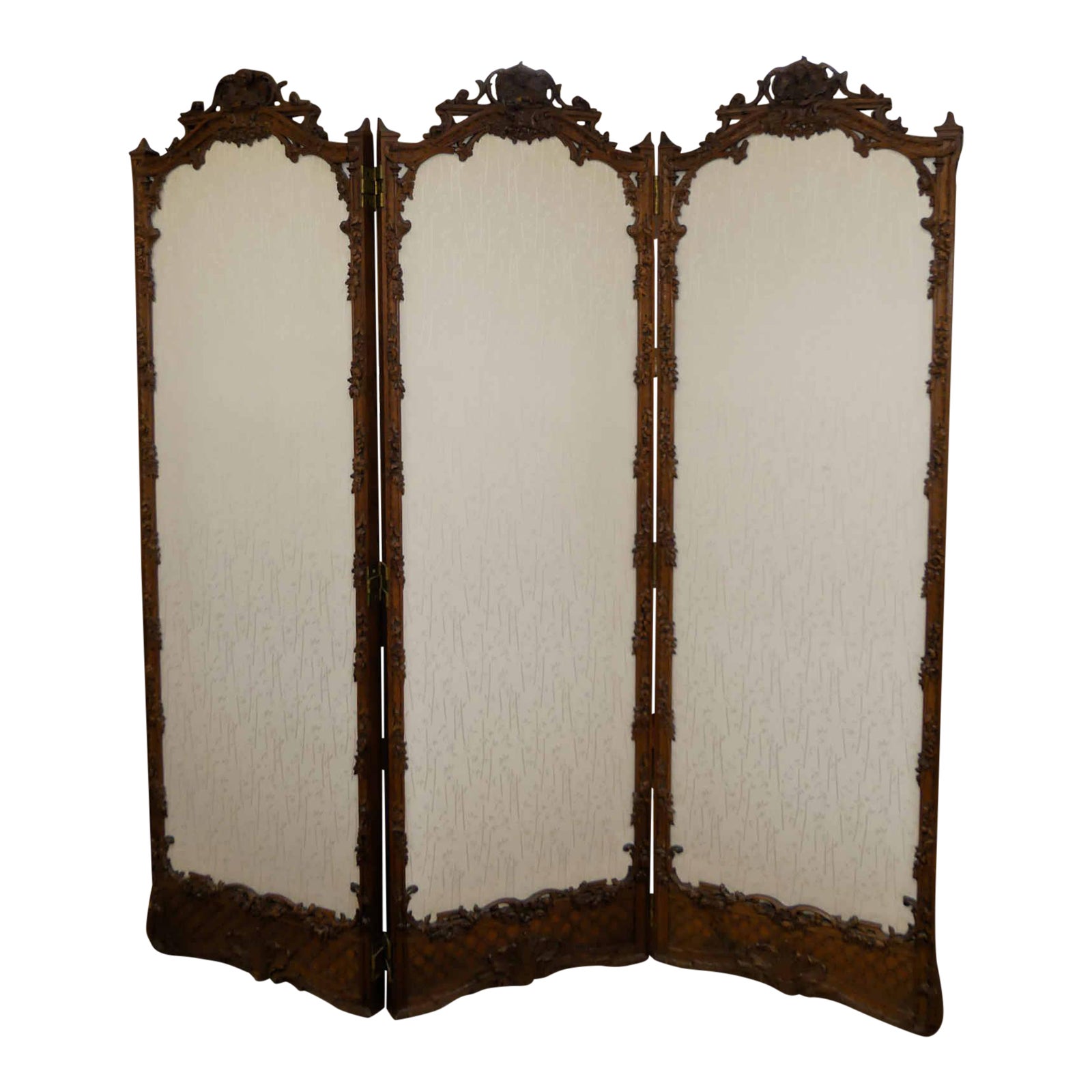 Early 20th Century Antique French Carved Oak Room Divider With Silk