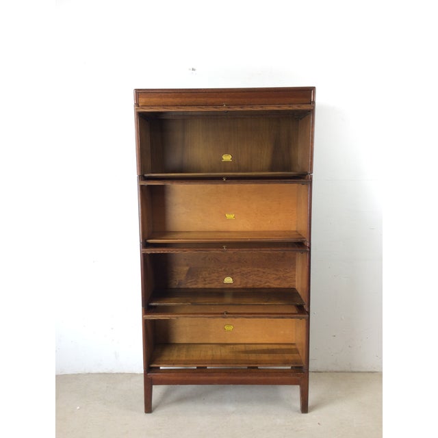 Brown Antique Oak Four Stack Barrister Bookcase With Original Brass Hardware For Sale - Image 8 of 18
