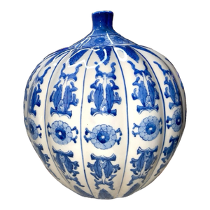 Vintage Chinese Porcelain Blue & White Pumpkin Chinoiserie Ginger Jar