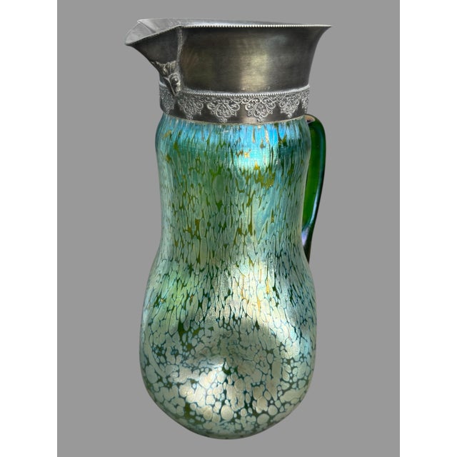 Vintage Loetz Style Iridized Oil Spot 12" Art Glass Pitcher Silver Plated Rim In very nice original condition showing some...