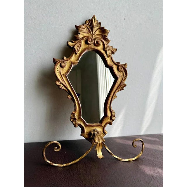 1950s Italian Florentine Rococo Vintage Gilded Wood Wall Mirror With Metal Towel Holder For Sale - Image 4 of 10