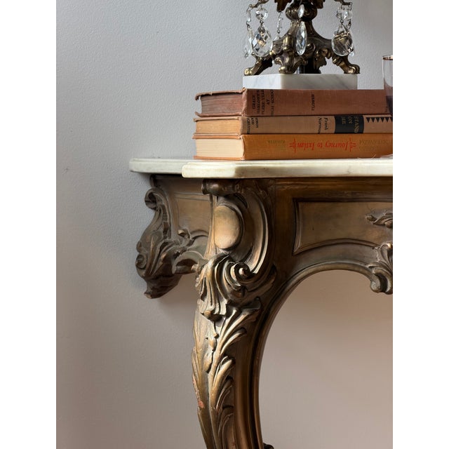 Antique Rococo Style Carved Wood Console With Marble Top For Sale - Image 10 of 14