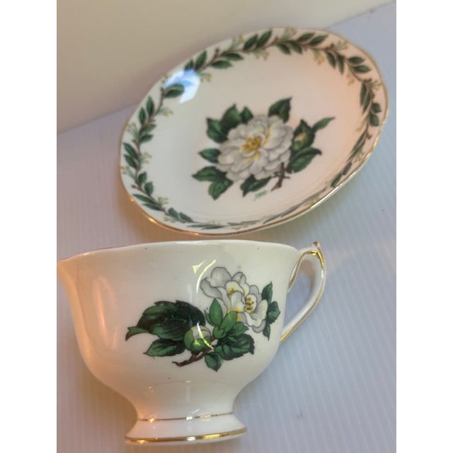 Vintage Royal Albert England "Lady CLARE"Sign A.Wagg Teacup and Saucer Set White Gardenia Green Leaves For Sale - Image 14 of 18