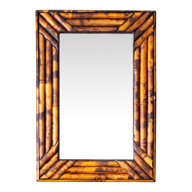 Vintage Tortoise Shell Burnt Bamboo Bevelled Mirror For Sale