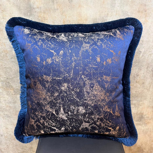 Navy Blue Abstract Cushion Cover With Fluffy Brush Fringe For Sale - Image 8 of 10
