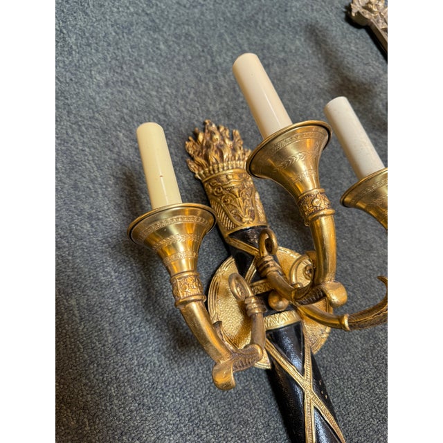 Neoclassical Mid 20th Century Neoclassical Brass Torch Wall Sconces, Pair - Made in Spain For Sale - Image 3 of 11