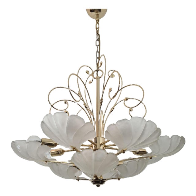 Frosted Glass and Brass Chandelier from Deknudt, Belgium, 1970s For Sale