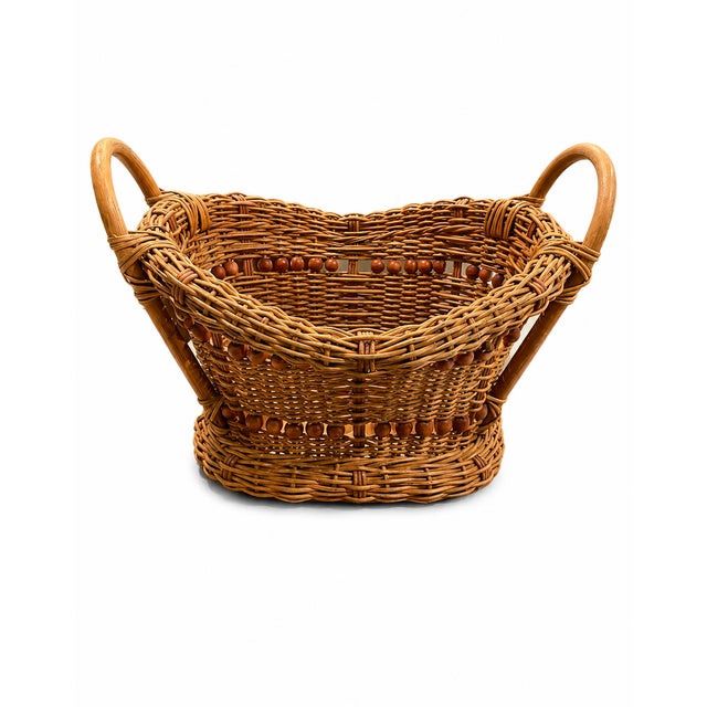 Vintage 1970s Woven Wicker Basket With Wood Bead Detail & Handle For Sale - Image 13 of 14